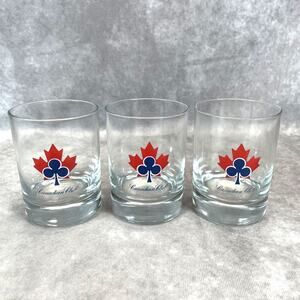Set of 3 Vintage Canadian Club Whiskey Rocks Glasses Red Maple Leaf Blue Club